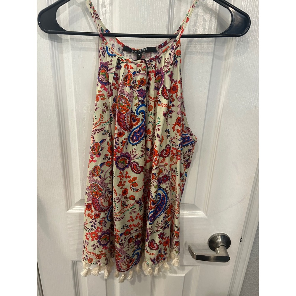 19 Cooper Halter Top Cream Multicolor Paisley Tassel Fringe Boho Blouse